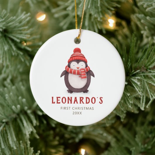 Cute Penguin Personalized Baby's 1st Kerstmis Keramisch Ornament (Boom)