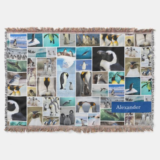 Cute Penguin Photo Collage Pattern met voornaam Deken (Voorkant)