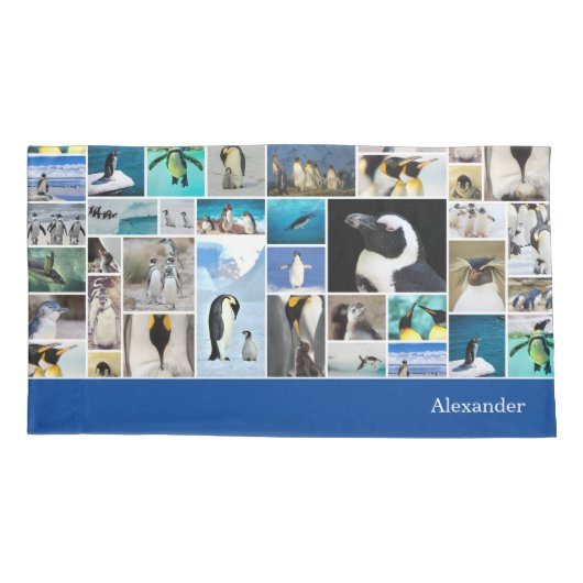 Cute Penguin Photo Collage Pattern met voornaam Kussensloop (Achterkant)