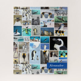 Cute Penguin Photo Collage Pattern met voornaam Legpuzzel
