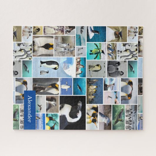 Cute Penguin Photo Collage Pattern met voornaam Legpuzzel (Horizontaal)