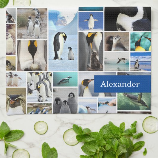 Cute Penguin Photo Collage Pattern met voornaam Theedoek (Gevouwen)
