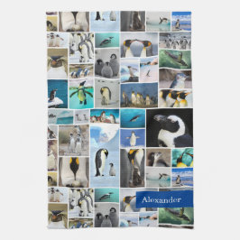 Cute Penguin Photo Collage Pattern met voornaam Theedoek
