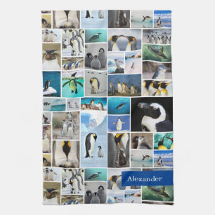 Cute Penguin Photo Collage Pattern met voornaam Theedoek