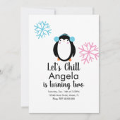 Cute Penguin Pink Blue Snowflakes Winter Invitatio Kaart (Voorkant)