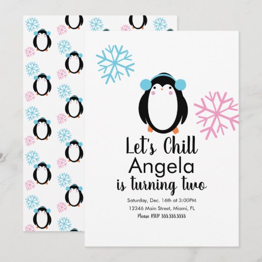 Cute Penguin Pink Blue Snowflakes Winter Invitatio Kaart (Voorkant / Achterkant)