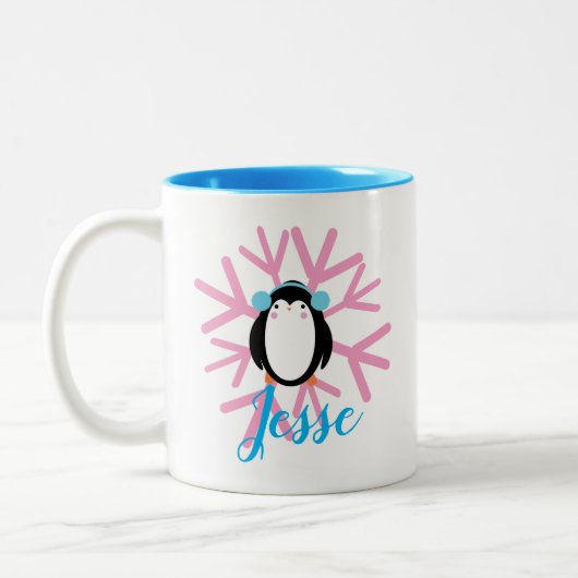 Cute Penguin Pink Snowflake Custom Name Kerstmis Tweekleurige Koffiemok (Links)