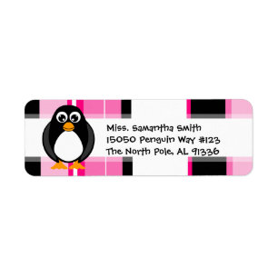 Cute Penguin Pink Stripe Return Address Labels