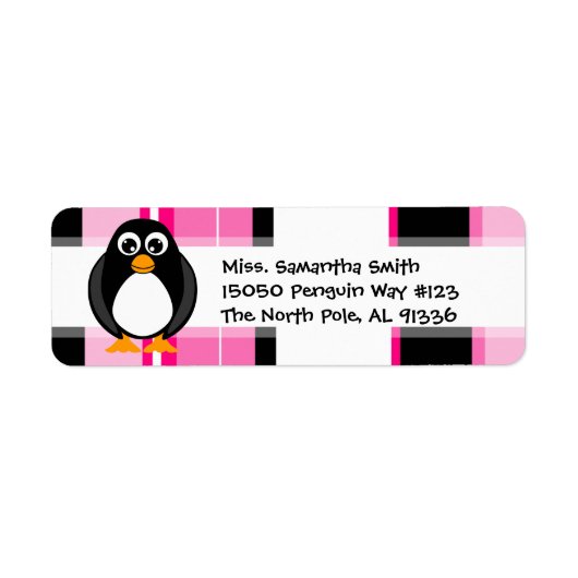 Cute Penguin Pink Stripe Return Address Labels (Voorkant)