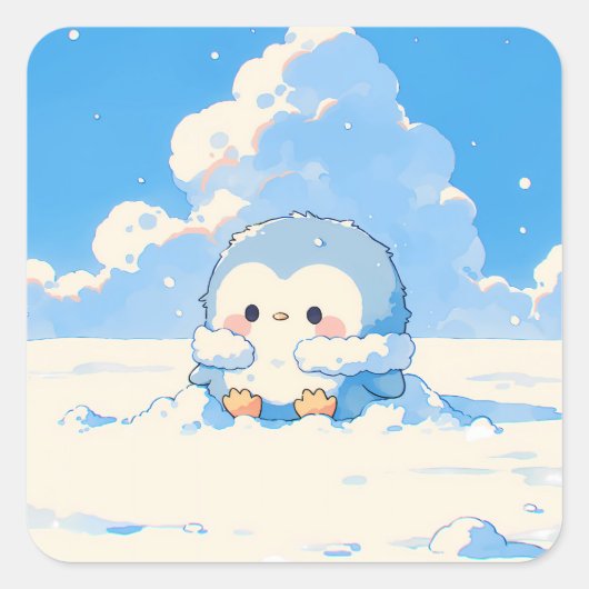 Cute Penguin Playing in Winter Snow Vierkante Sticker (Voorkant)