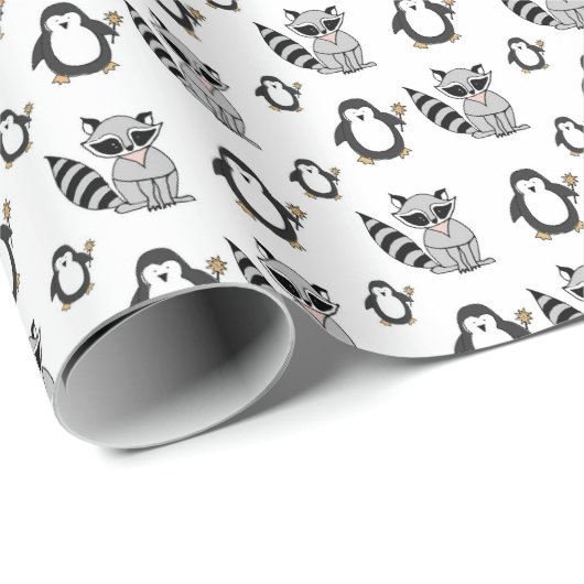 Cute Penguin Racoon Buddies Baby Gift Cadeaupapier (Rol Hoek)