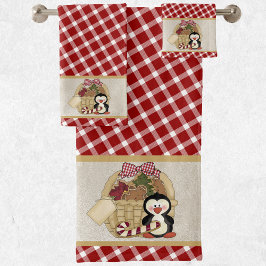 Cute Penguin Retro Holiday Basket Bad Handdoek