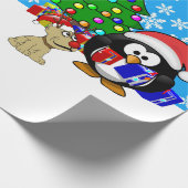 Cute Penguin Santa en Reindeer Dog Cadeaupapier (Hoek)