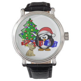 Cute Penguin Santa en Reindeer Dog Horloge