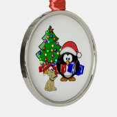 Cute Penguin Santa en Reindeer Dog Metalen Ornament (Rechts)