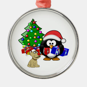 Cute Penguin Santa en Reindeer Dog Metalen Ornament
