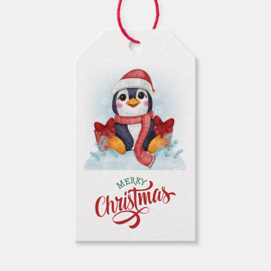 Cute Penguin Santa Hat Kerstmis Cadeaulabel (Voorkant)