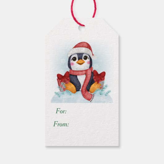Cute Penguin Santa Hat Kerstmis Cadeaulabel (Achterkant)