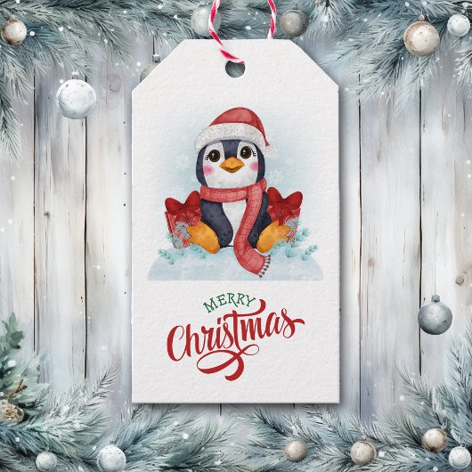 Cute Penguin Santa Hat Kerstmis Cadeaulabel