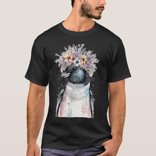 Cute Penguin Seabird Flower Crown Floral Birds T-shirt (Voorkant)