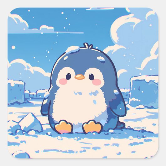 Cute Penguin Sitting in Winter Snow Vierkante Sticker (Voorkant)