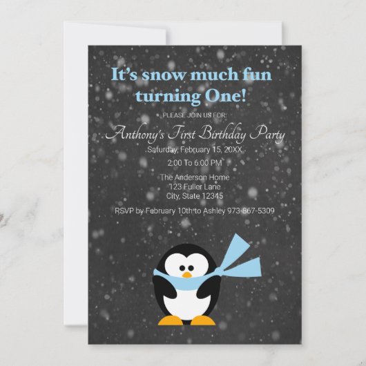 Cute Penguin Snow Much Fun Turing One Birthday Kaart (Voorkant)
