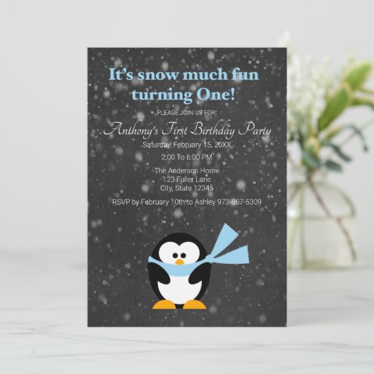 Cute Penguin Snow Much Fun Turing One Birthday Kaart (Staand voorkant)