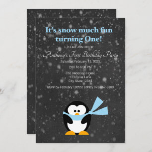 Cute Penguin Snow Much Fun Turing One Birthday Kaart