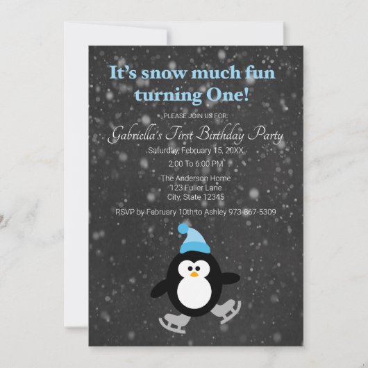 Cute Penguin Snow Much Fun Turing One Birthday Kaart (Voorkant)