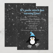 Cute Penguin Snow Much Fun Turing One Birthday Kaart (Voorkant / Achterkant)