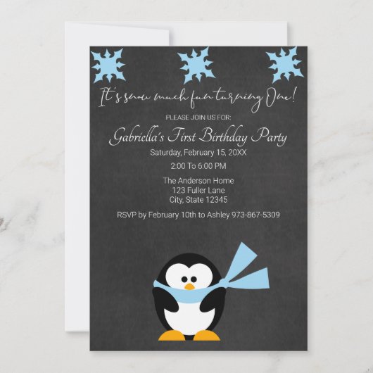 Cute Penguin Snow Much Fun Turing One Birthday Kaart (Voorkant)