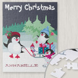 Cute Penguin Snow Scene - Merry Kerstmis Kinder Legpuzzel<br><div class="desc">Gepersonaliseerde puzzel voor kinderen met een schattige pinguïnsneeuwscène. De sjabloon is klaar voor gebruik om de naam van uw kind in de sneeuw toe te voegen en u kunt ook de naam van het vrolijk kerstfeest bewerken als u dat wenst. Het ontwerp bevat een familie van gelukkige pinguïns die door...</div>