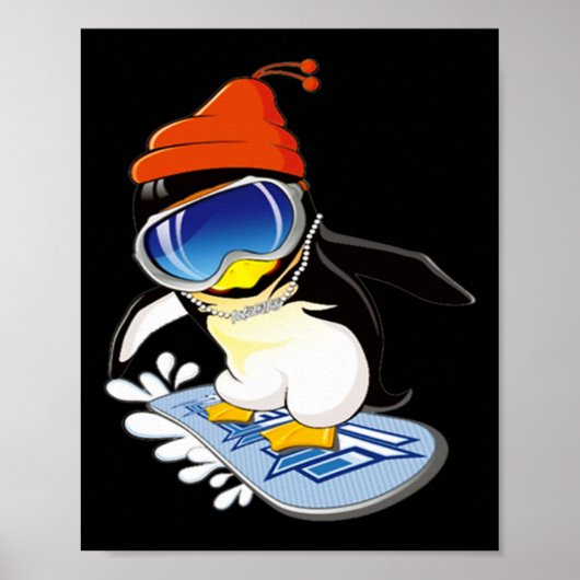 Cute Penguin Snowboarding Surfer Winter Pet Poster (Voorkant)