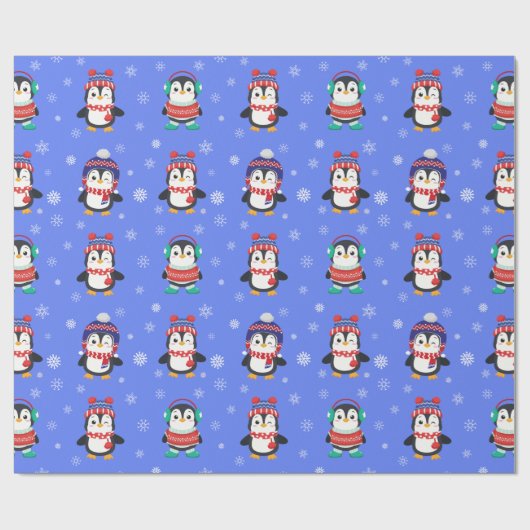 Cute Penguin Snowflake Pattern Kerstmis Cadeaupapier (Vlak)