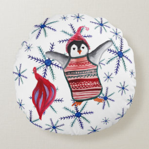 Cute Penguin Snowflakes Waterverf gootkussens Rond Kussen