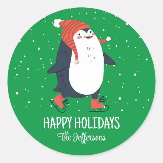 Cute Penguin Snowy Winter Holiday Animal Ronde Sticker (Voorkant)