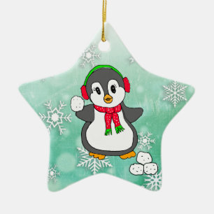 Cute Penguin Throwing Snowballen Kerstmis Keramisch Ornament