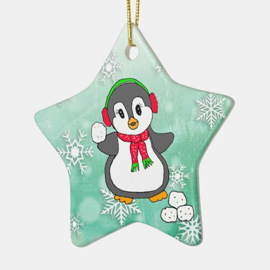 Cute Penguin Throwing Snowballen Kerstmis Keramisch Ornament (Links)