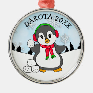 Cute Penguin Throwing Snowballen Kerstmis Metalen Ornament