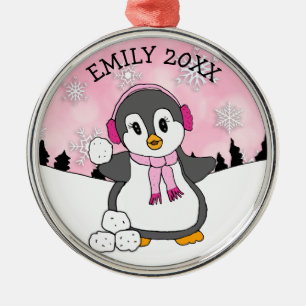 Cute Penguin Throwing Snowballen Kerstmis Metalen Ornament