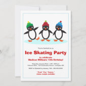Cute Penguin Trio Ice Skating Birthday Party Kaart (Voorkant)