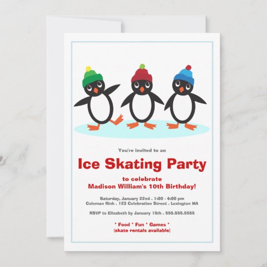 Cute Penguin Trio Ice Skating Birthday Party Kaart (Voorkant)