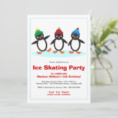 Cute Penguin Trio Ice Skating Birthday Party Kaart (Staand voorkant)