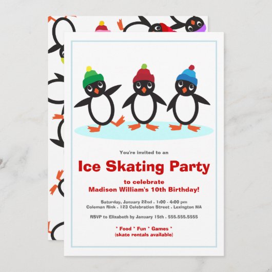 Cute Penguin Trio Ice Skating Birthday Party Kaart (Voorkant / Achterkant)