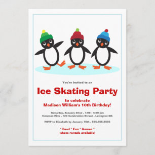 Cute Penguin Trio Ice Skating Birthday Party Kaart