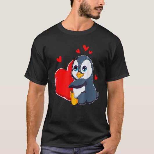 Cute Penguin Valentijnsdag Holding Heart My Valen T-shirt (Voorkant)