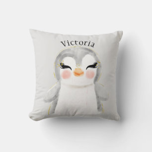 Cute Penguin Waterverf Name Typography Kussen