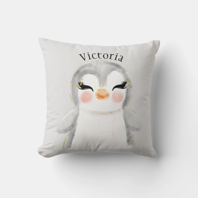 Cute Penguin Waterverf Name Typography Kussen (Voorkant)