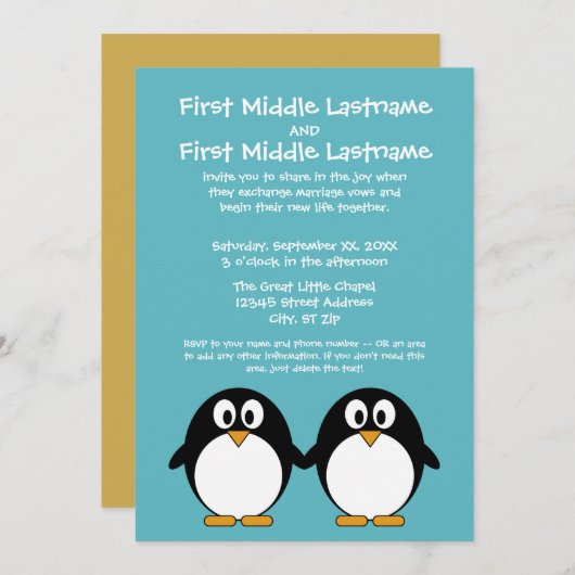 Cute Penguin Wedding Invitation Kaart (Voorkant / Achterkant)