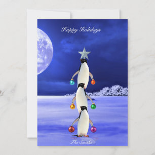 Cute Penguin-Wenskaart met kerstbomen Feestdagenkaart
